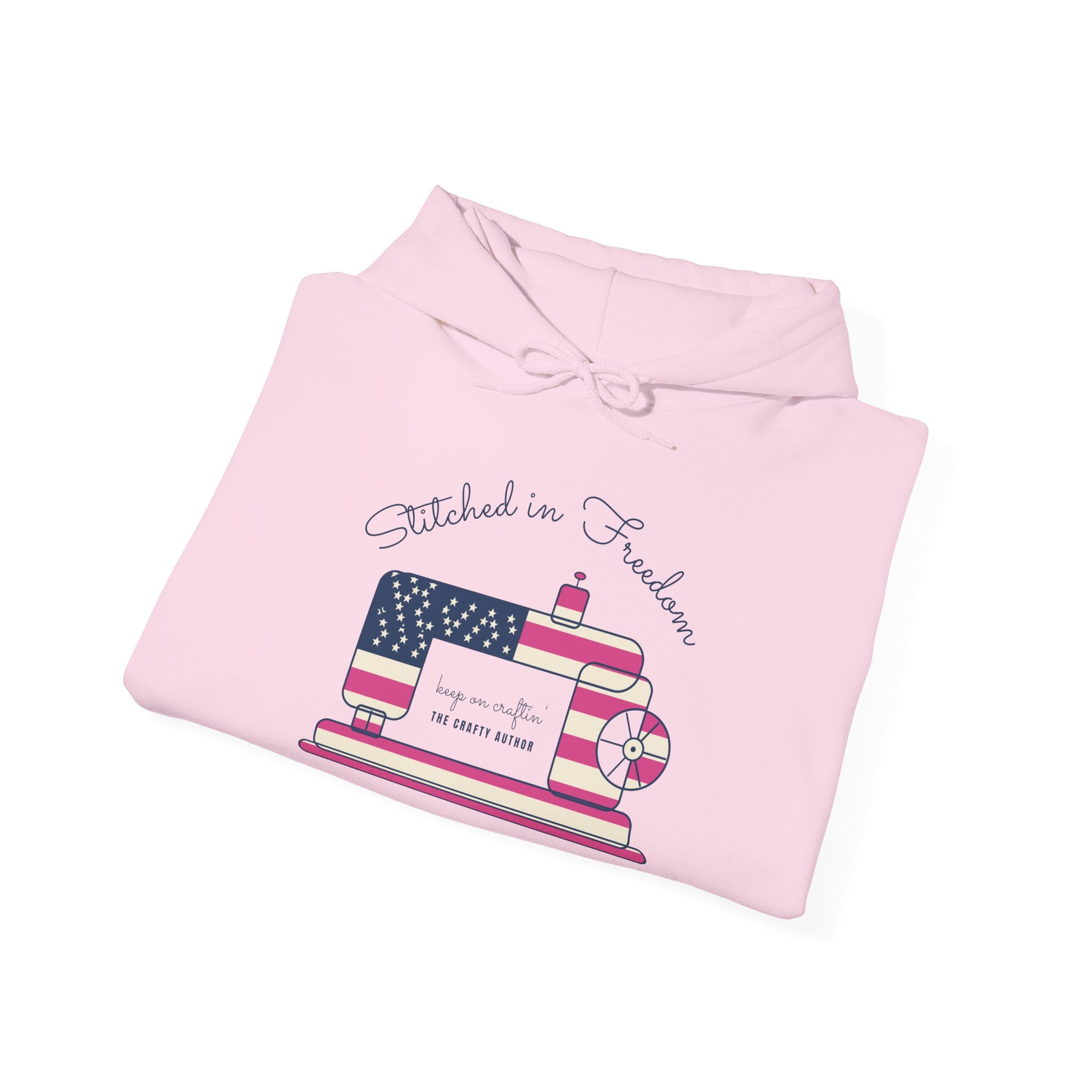 Stitched in Freedom Pink Hoodie, Limited Edition Pink Vintage Sewing Machine, Patriotic Quilting Tee, USA Quilter Shirt, Gift for Quilters & Sewists