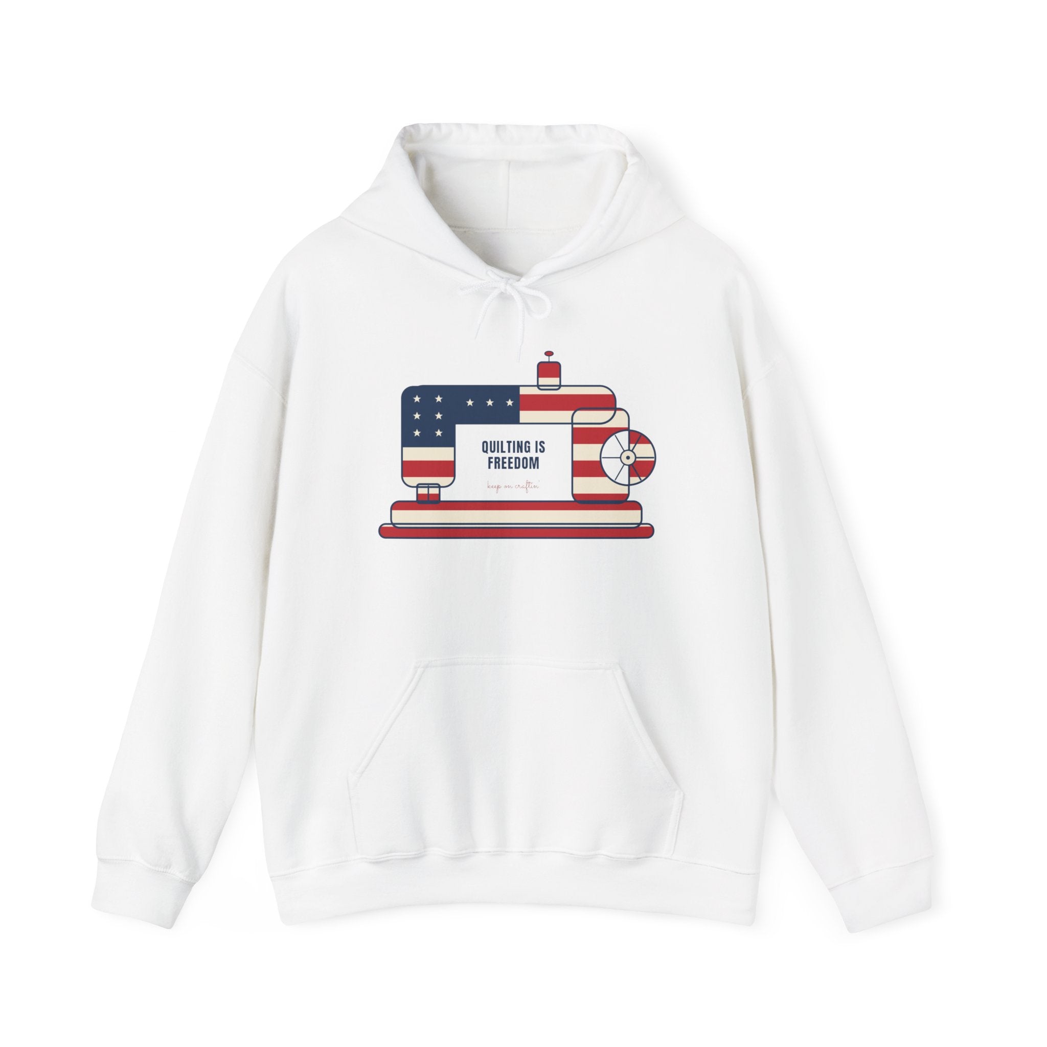 Embroidered Quilting Hoodie, Vintage Sewing Machine, Quilting is Freedom, USA 250th Patriotic Hoodie, Gift for Quilters & Sewists