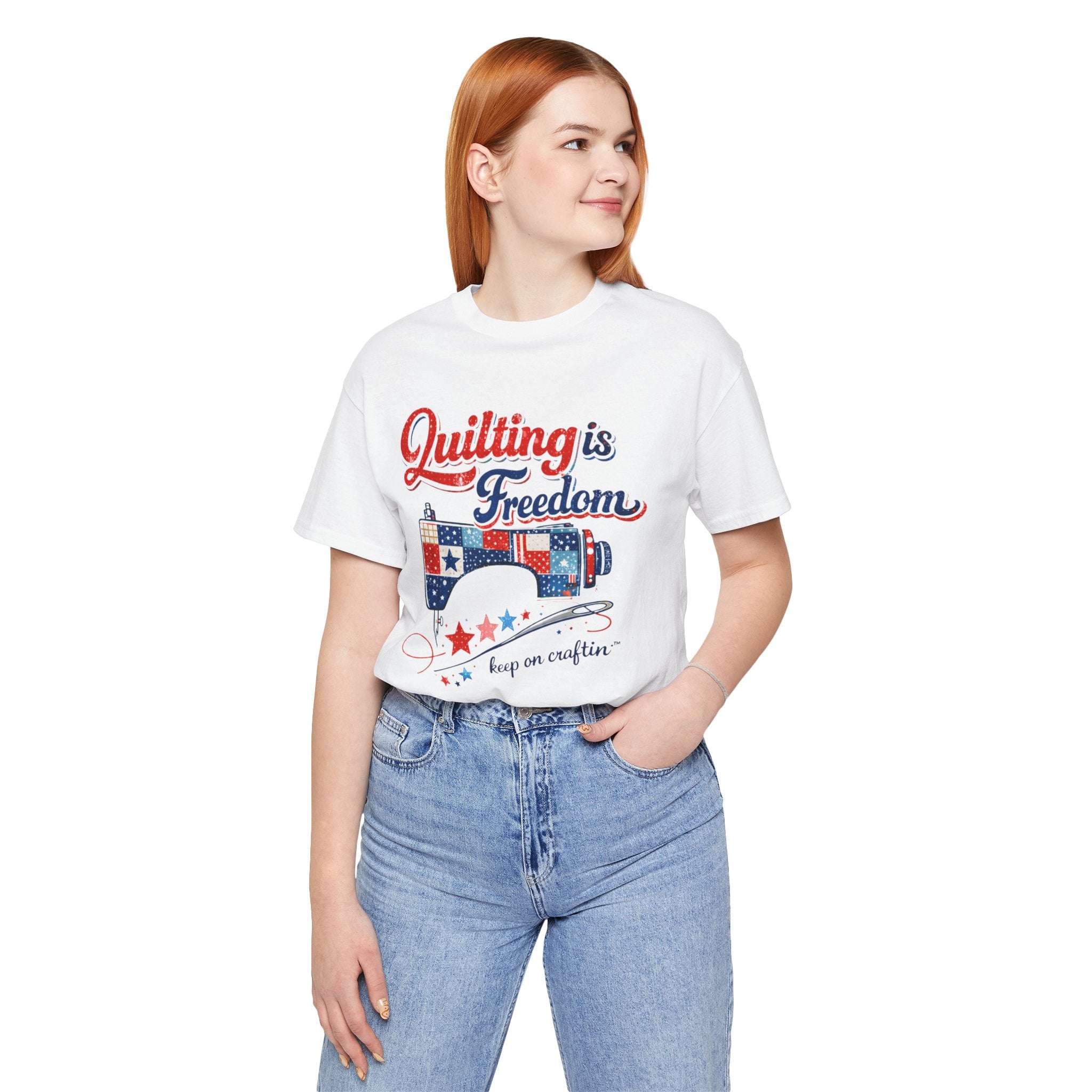Quilting Is Freedom T-Shirt — Patriotic Sewing Machine Design