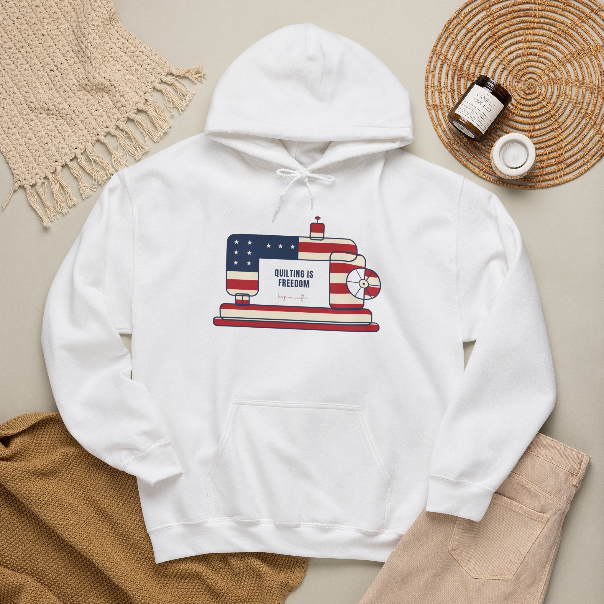 Embroidered Quilting Hoodie, Vintage Sewing Machine, Quilting is Freedom, USA 250th Patriotic Hoodie, Gift for Quilters & Sewists