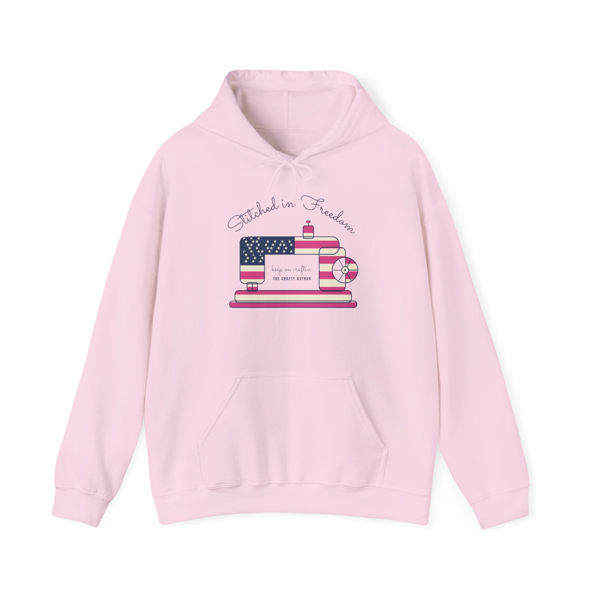 Stitched in Freedom Pink Hoodie, Limited Edition Pink Vintage Sewing Machine, Patriotic Quilting Tee, USA Quilter Shirt, Gift for Quilters & Sewists