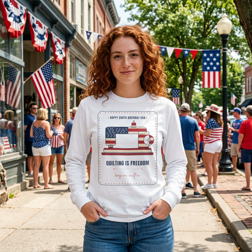 Quilting is Freedom Long Sleeve Shirt, Vintage Sewing Machine American Flag, USA 250th Patriotic Quilting Tee, Gift for Quilters & Sewists
