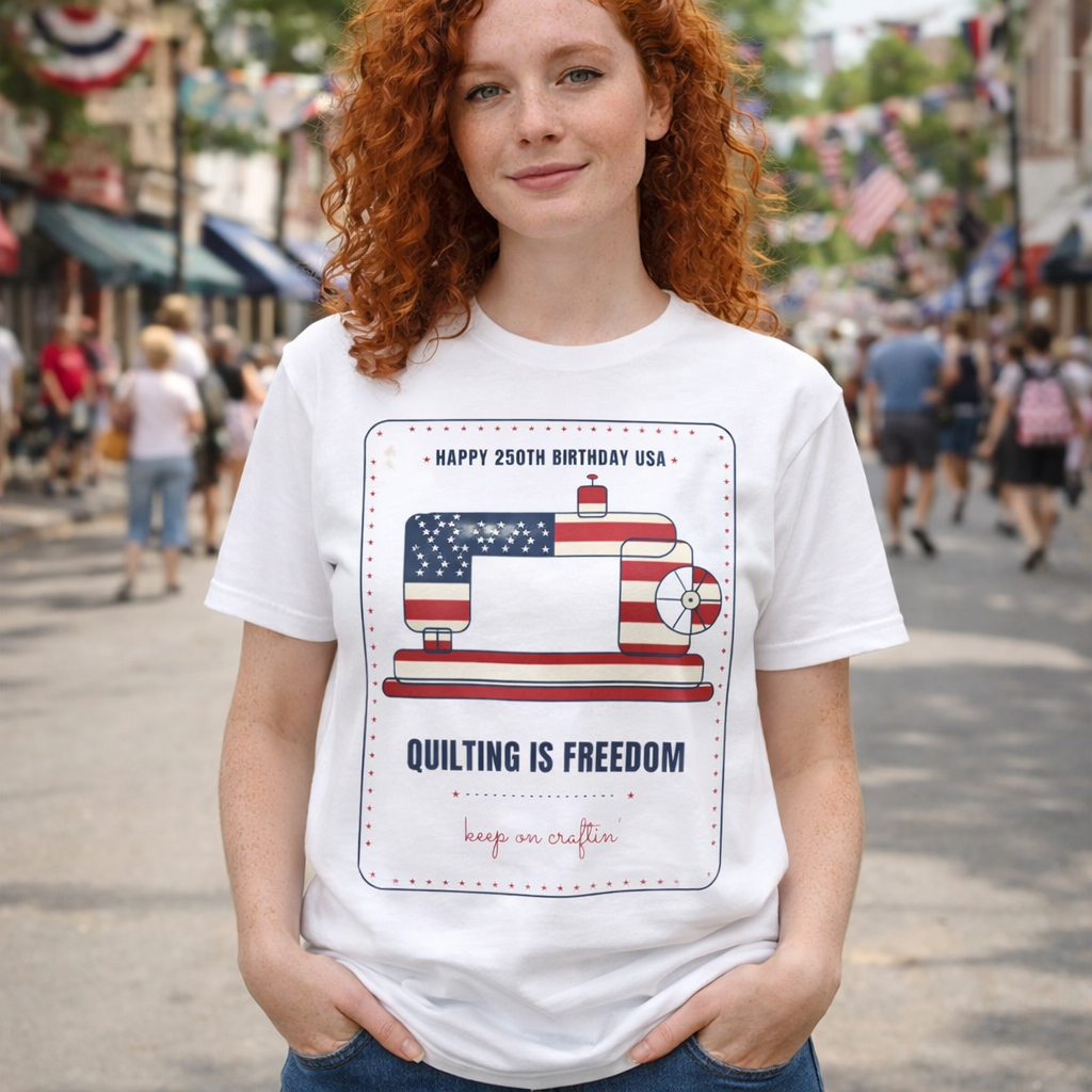Quilting is Freedom Long Sleeve Shirt, Vintage Sewing Machine American Flag, USA 250th Patriotic Quilting Tee, Gift for Quilters & Sewists