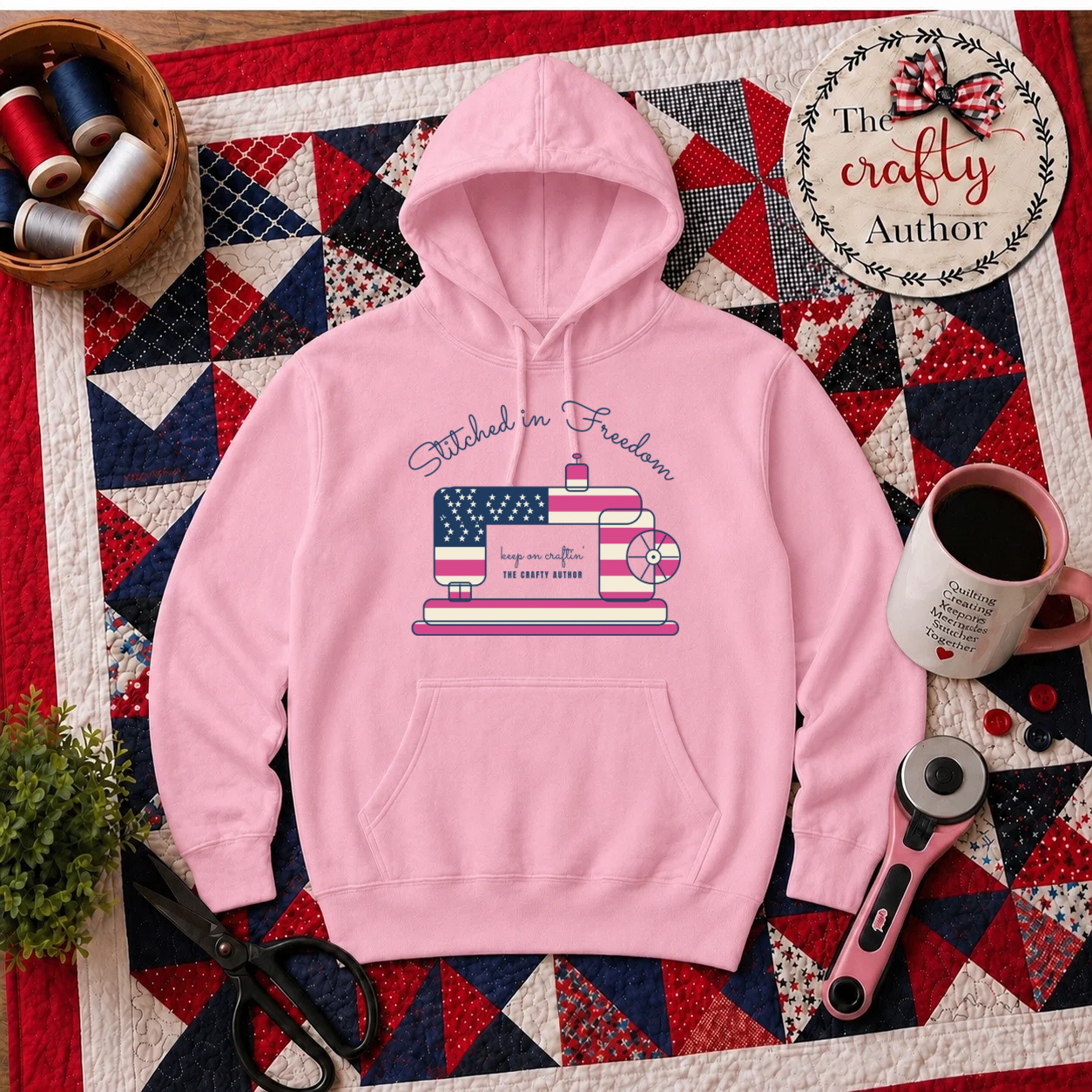 Stitched in Freedom Pink Hoodie, Limited Edition Pink Vintage Sewing Machine, Patriotic Quilting Tee, USA Quilter Shirt, Gift for Quilters & Sewists