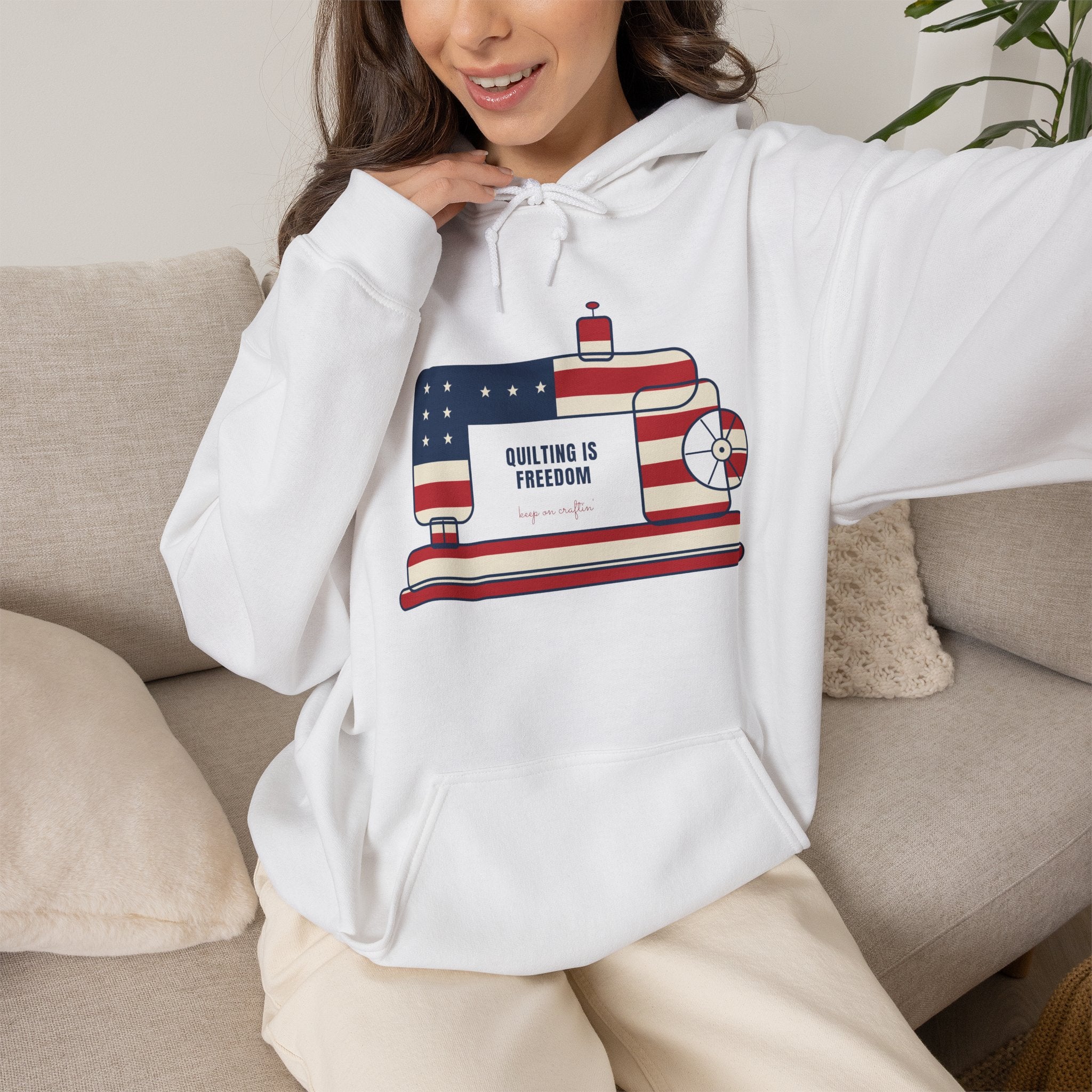 Embroidered Quilting Hoodie, Vintage Sewing Machine, Quilting is Freedom, USA 250th Patriotic Hoodie, Gift for Quilters & Sewists